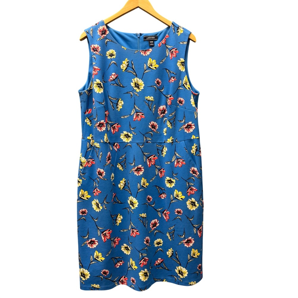 Lands End Sheath Dress Womens 16 W Sleeveless Floral Blue Coastal + Pockets